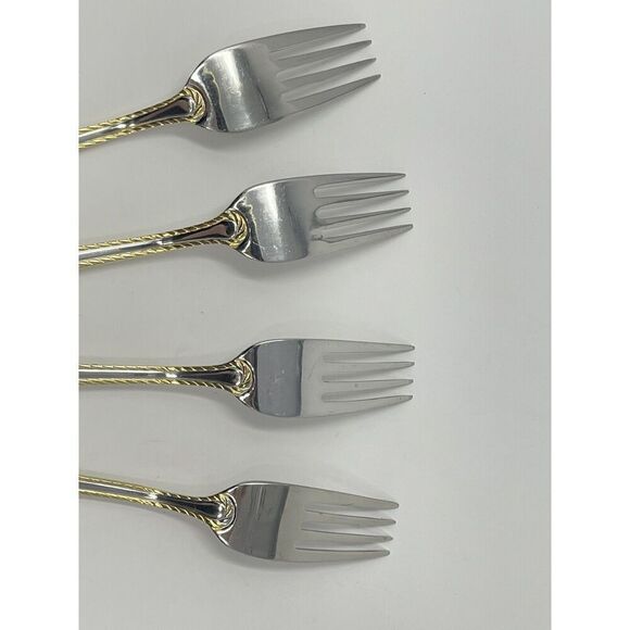 Oneida GOLDEN BELMONT Stainless Rope Edge Gold Accent Salad Forks 7” Set Of 4 - Picture 7 of 7